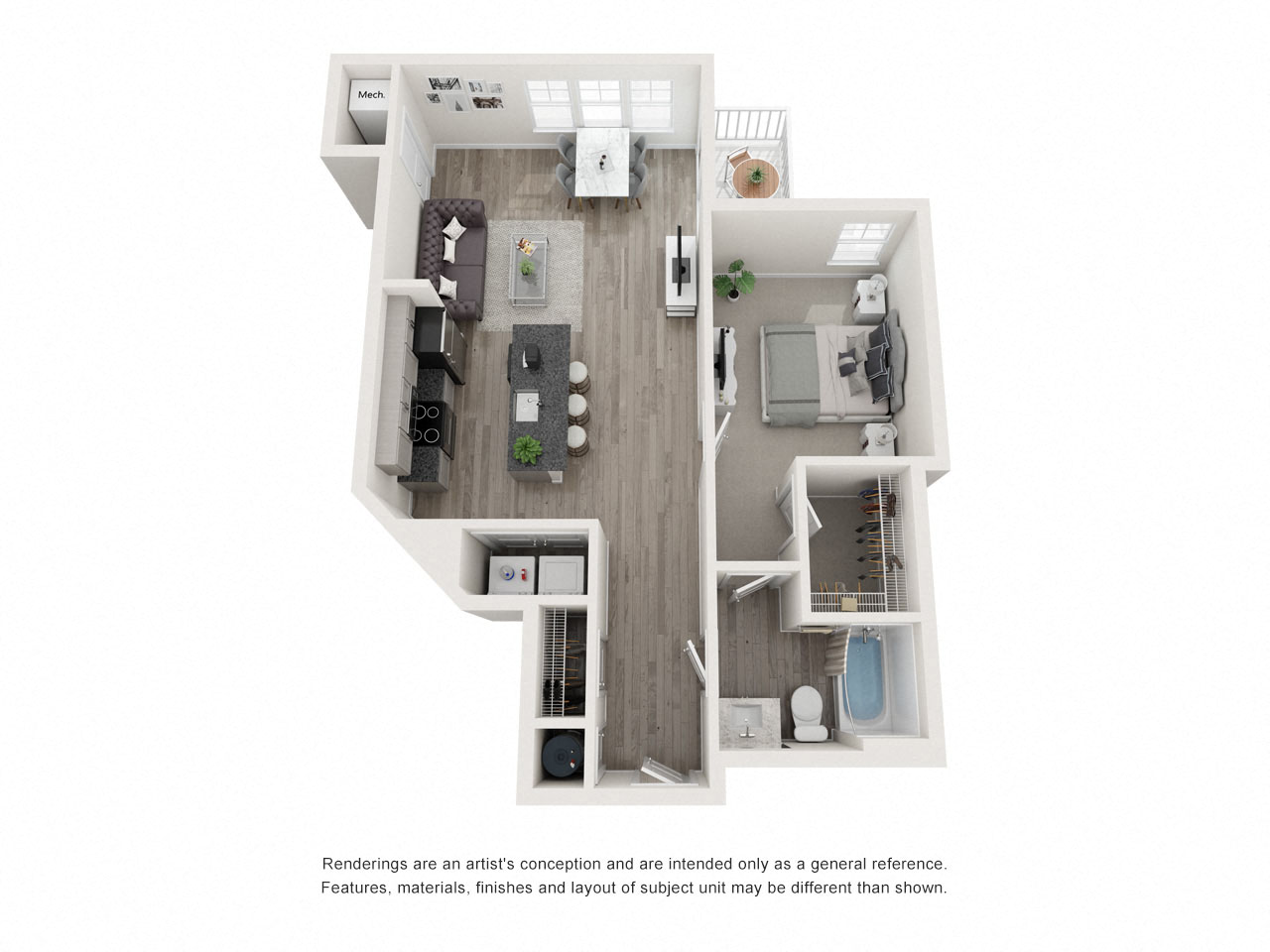Floor plan for 1 bed, 1 bath, 853 sqft